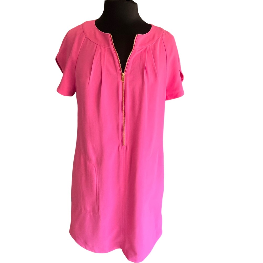 Trina Turk Hot Pink Half Zip Shift Dress Short Tulip Sleeve Pockets Size M